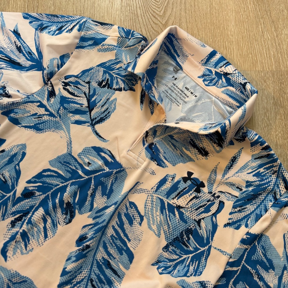 Under Armour Playoff Polo Mens Medium Blue Peach Tropical Leaf Print Golf Shirt